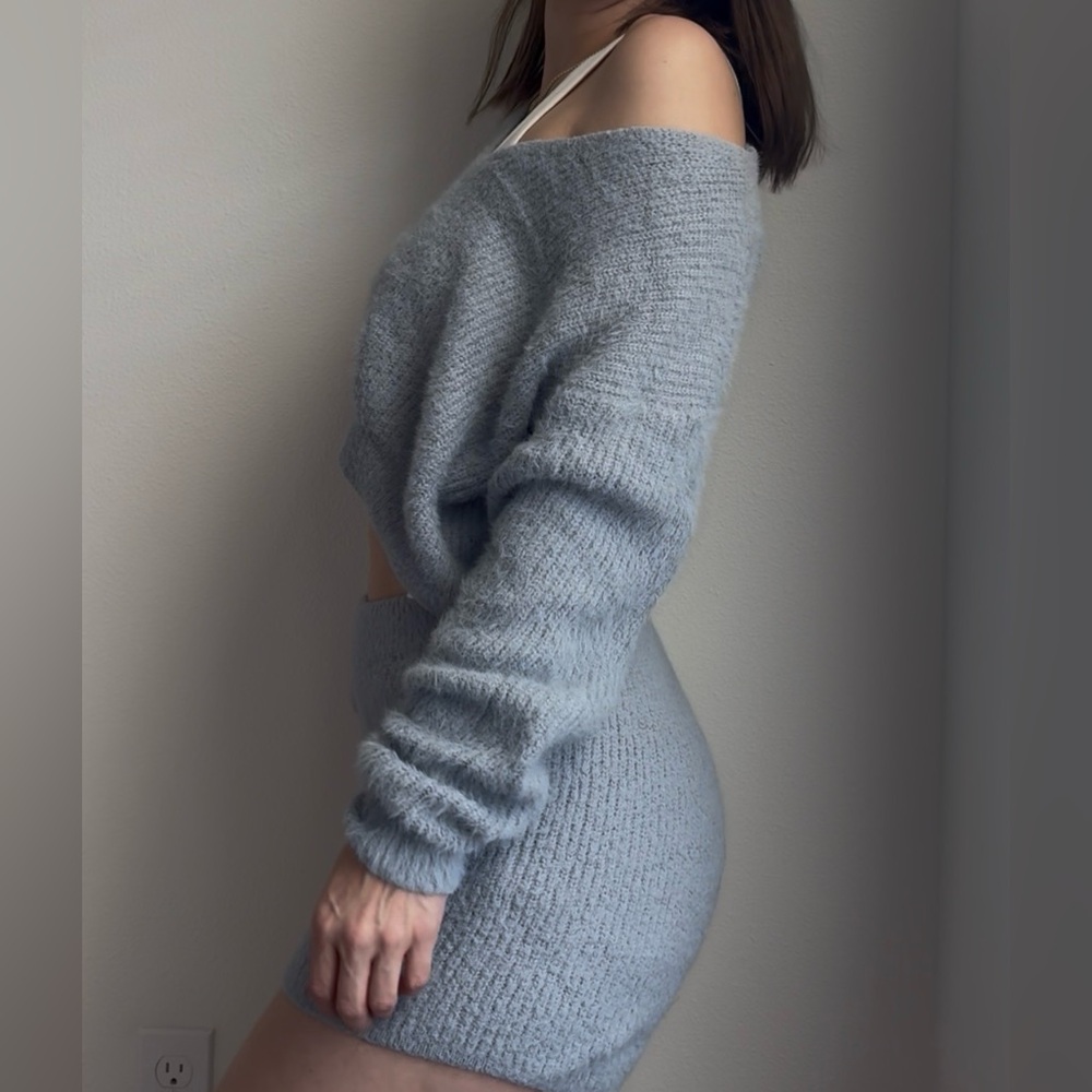 NASTYGAL Two Piece Cozy Blue Knit Sweater and Shorts Set